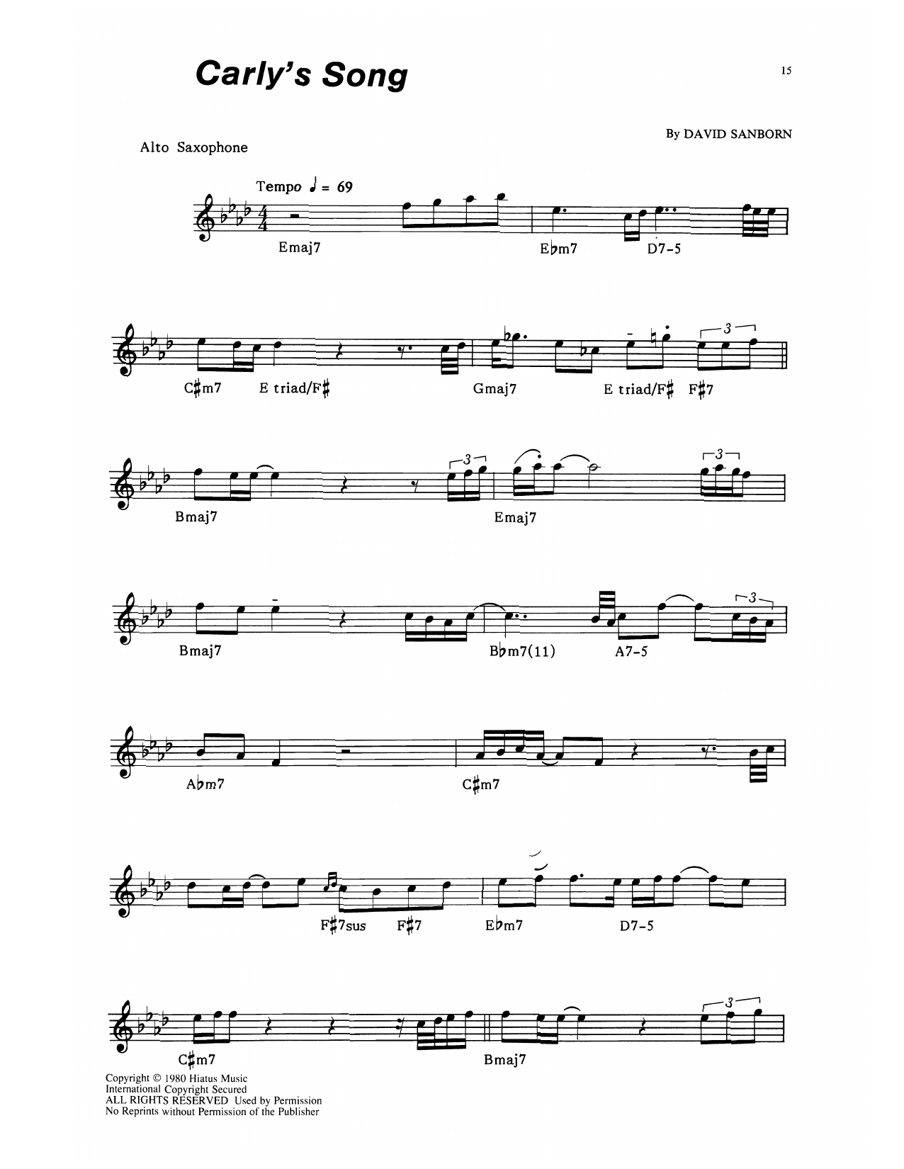 David Sanborn Carly's Song sheet music notes and chords arranged for Alto Sax Transcription