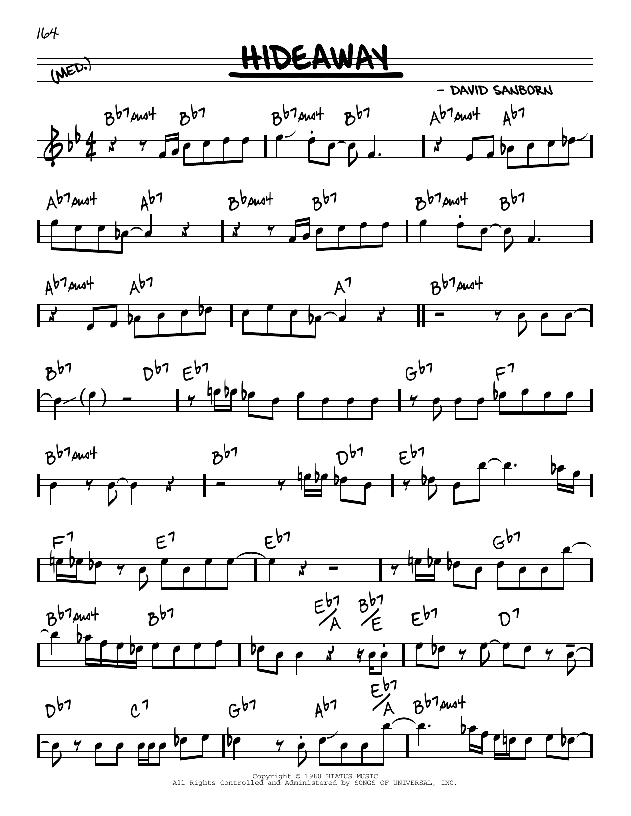 David Sanborn Hideaway sheet music notes and chords arranged for Real Book – Melody & Chords