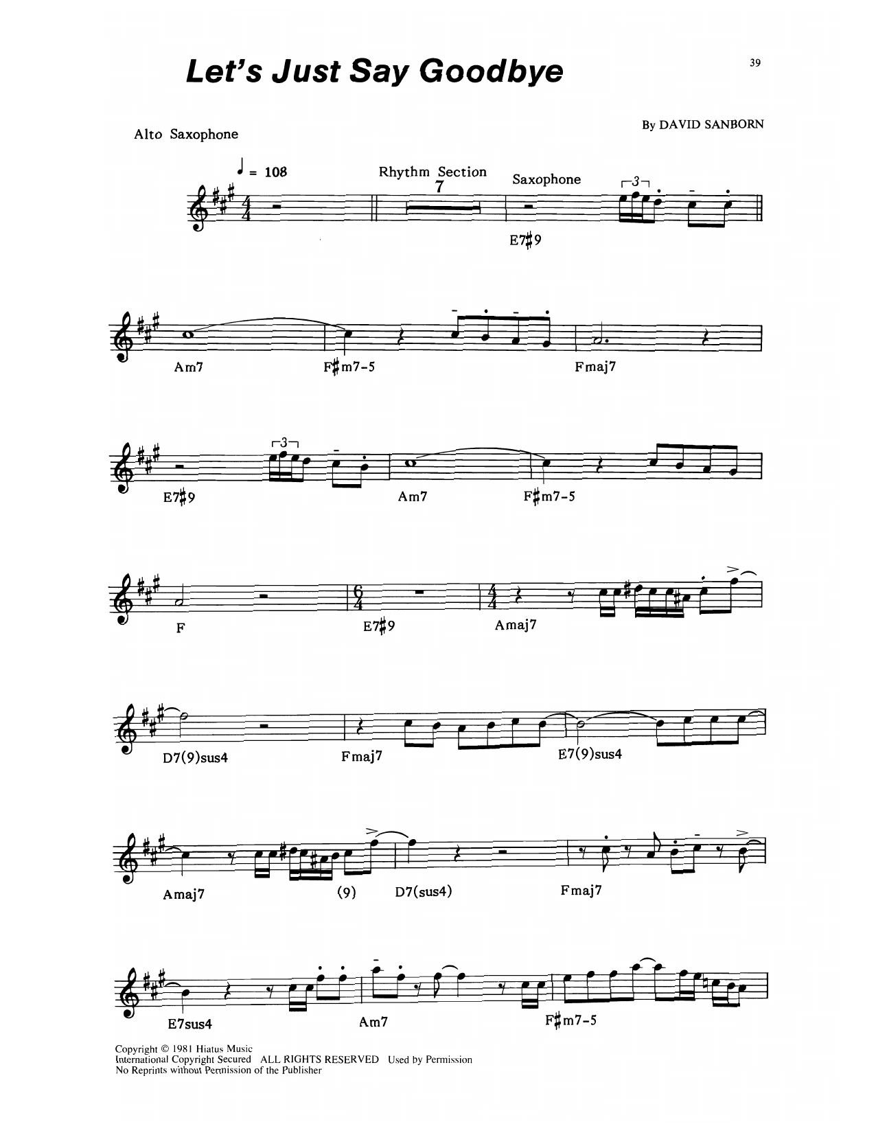 David Sanborn Let's Just Say Goodbye sheet music notes and chords arranged for Alto Sax Transcription