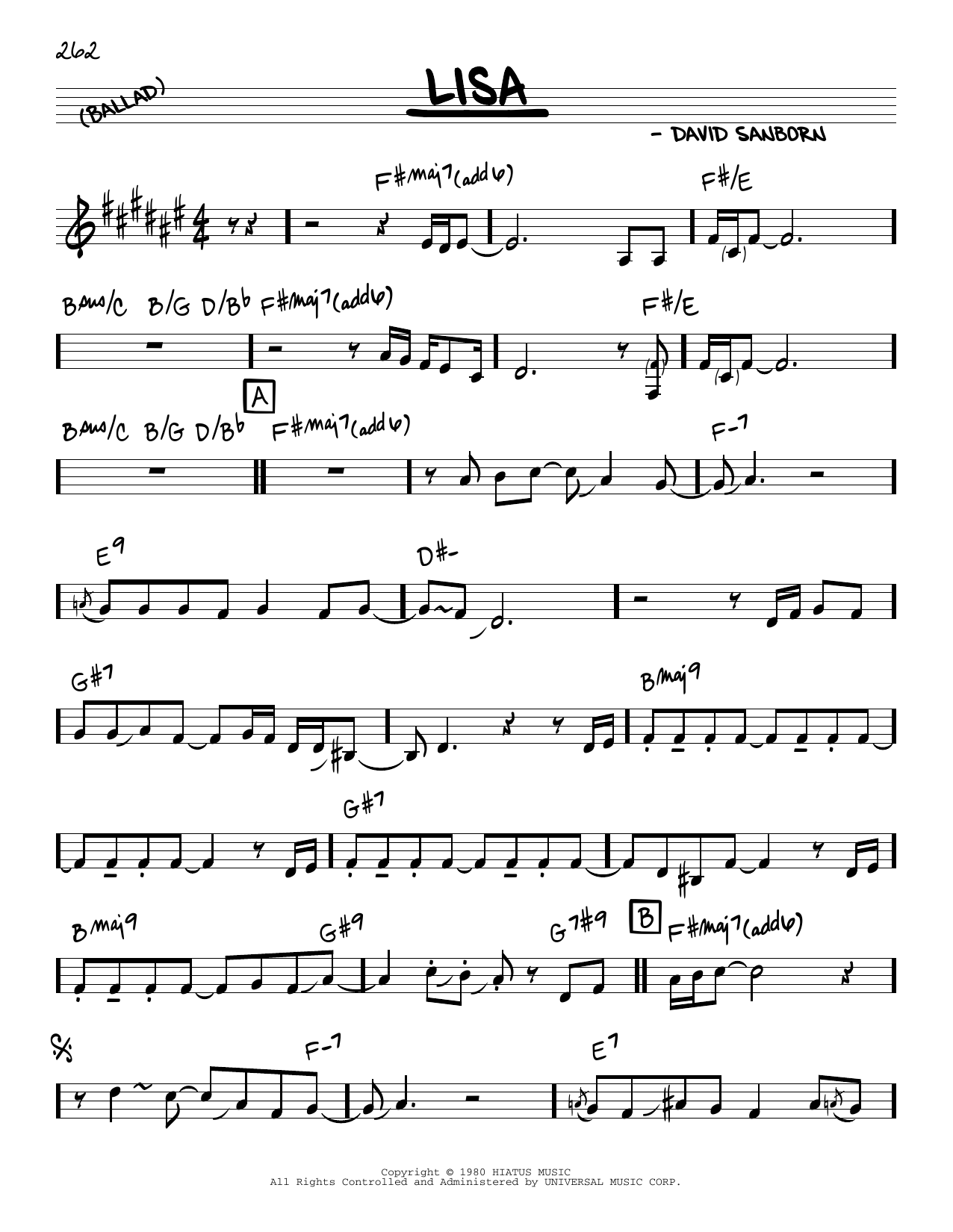 David Sanborn Lisa sheet music notes and chords arranged for Real Book – Melody & Chords