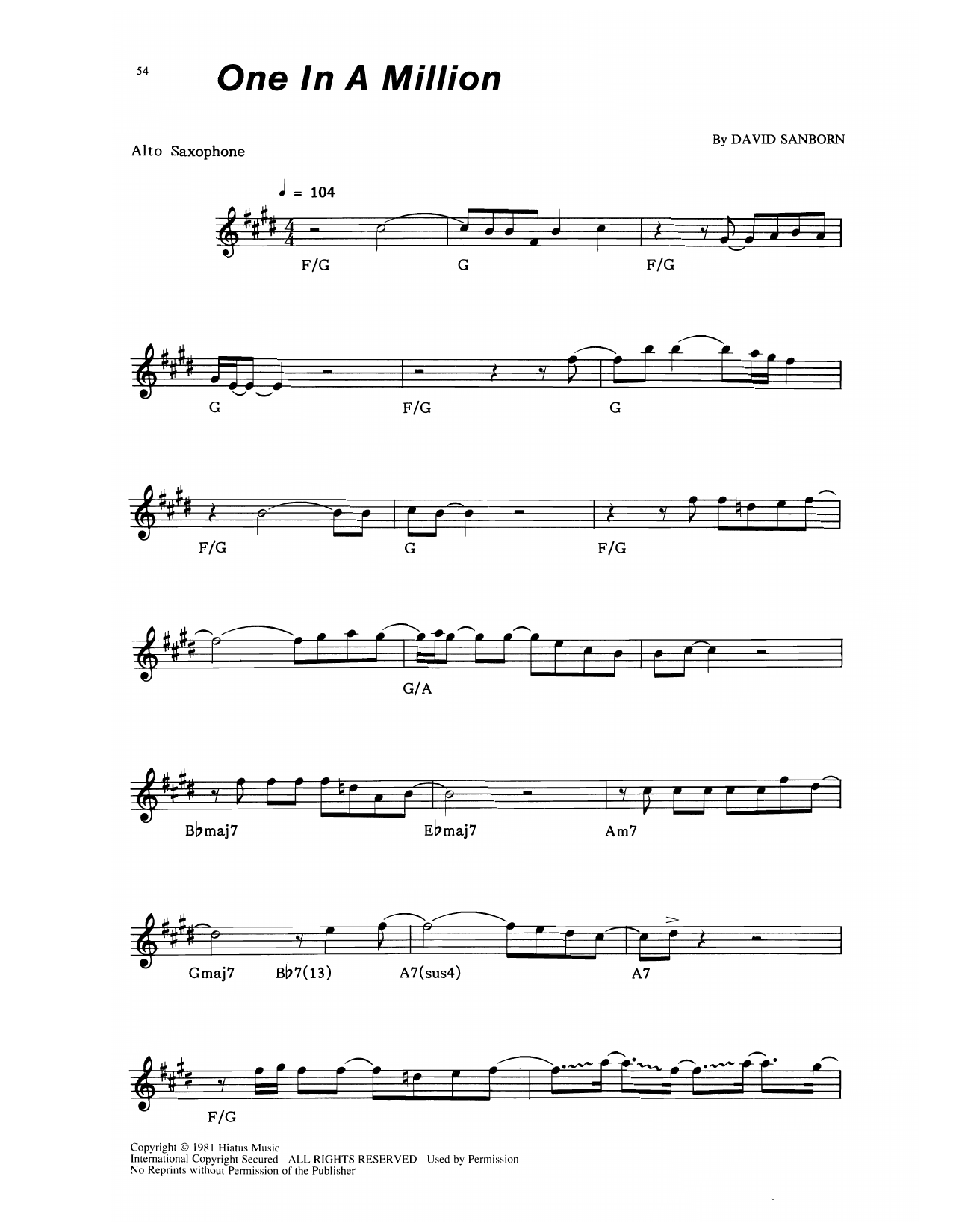David Sanborn One In A Million sheet music notes and chords arranged for Alto Sax Transcription