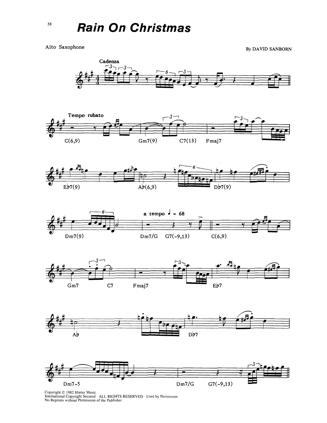 David Sanborn Rain On Christmas sheet music notes and chords arranged for Alto Sax Transcription
