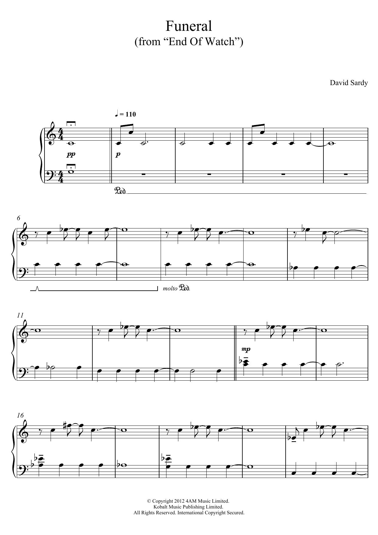 David Sardy Funeral (From End Of Watch) sheet music notes and chords arranged for Piano Solo