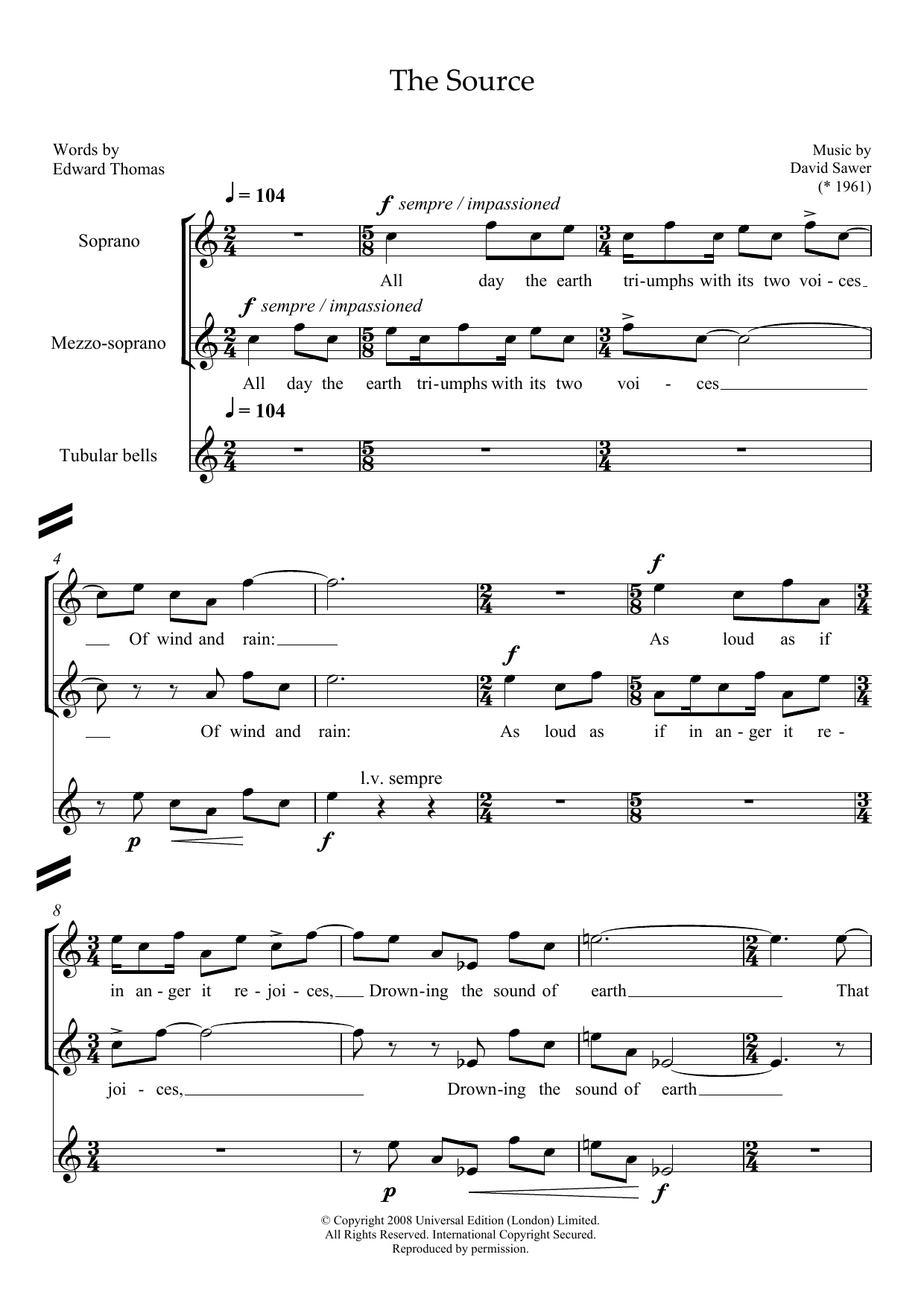 David Sawer The Source (for soprano, mezzo-soprano and tubular bells) sheet music notes and chords arranged for Piano & Vocal