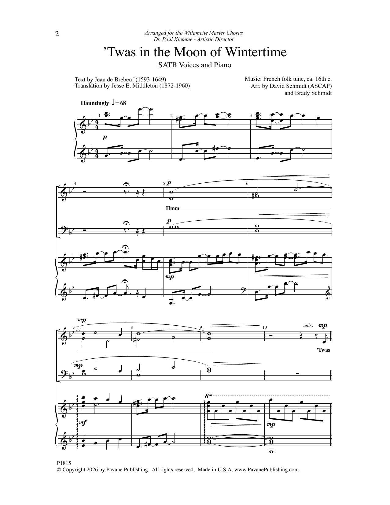David Schmidt and Brady Schmidt 'Twas in the Moon of Wintertime sheet music notes and chords arranged for SATB Choir