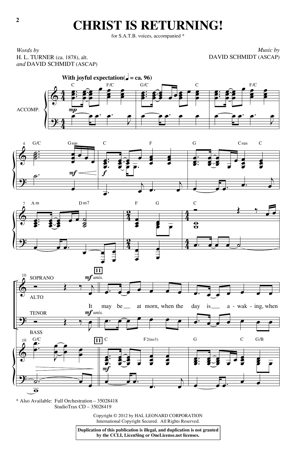 David Schmidt Christ Is Returning sheet music notes and chords arranged for SATB Choir