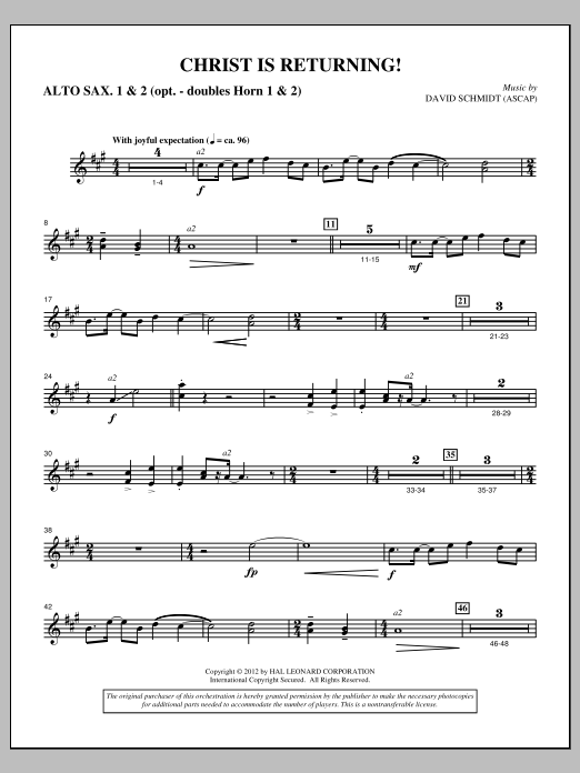 David Schmidt Christ Is Returning! - Alto Sax 1,2 sheet music notes and chords arranged for Choir Instrumental Pak