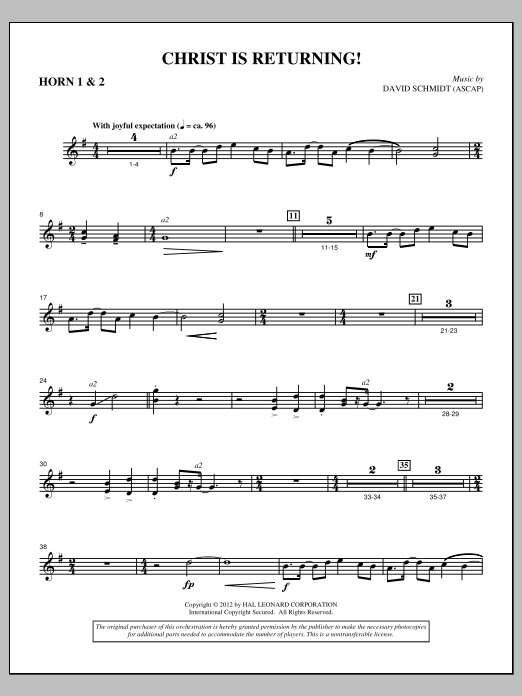 David Schmidt Christ Is Returning! - F Horn 1,2 sheet music notes and chords arranged for Choir Instrumental Pak