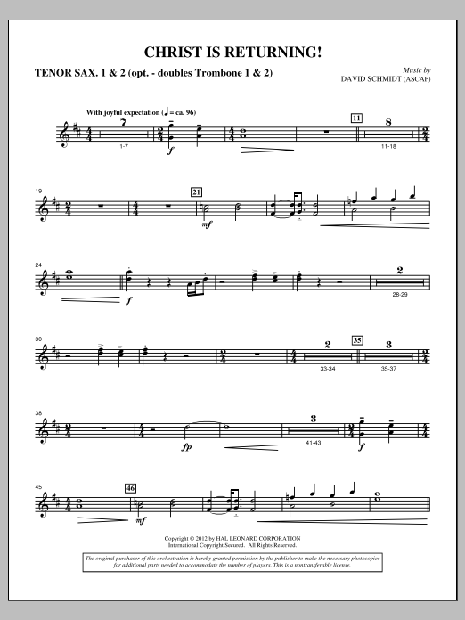 David Schmidt Christ Is Returning! - Tenor Saxophone 1 & 2 in Bb sheet music notes and chords arranged for Choir Instrumental Pak