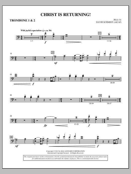 David Schmidt Christ Is Returning! - Trombone 1 & 2 sheet music notes and chords arranged for Choir Instrumental Pak