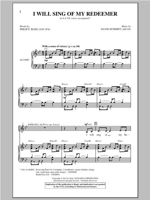 David Schmidt I Will Sing Of My Redeemer sheet music notes and chords arranged for SATB Choir