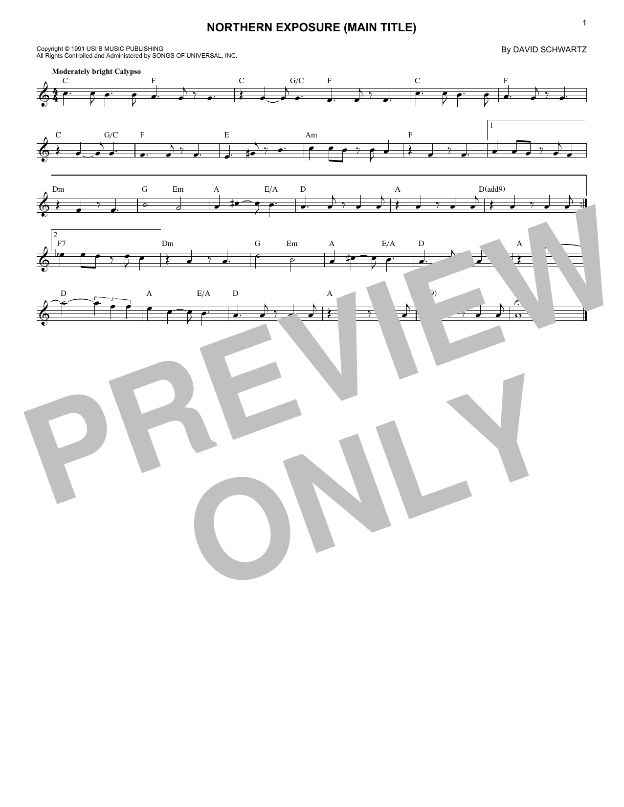 David Schwartz Northern Exposure (Main Title) sheet music notes and chords arranged for Lead Sheet / Fake Book