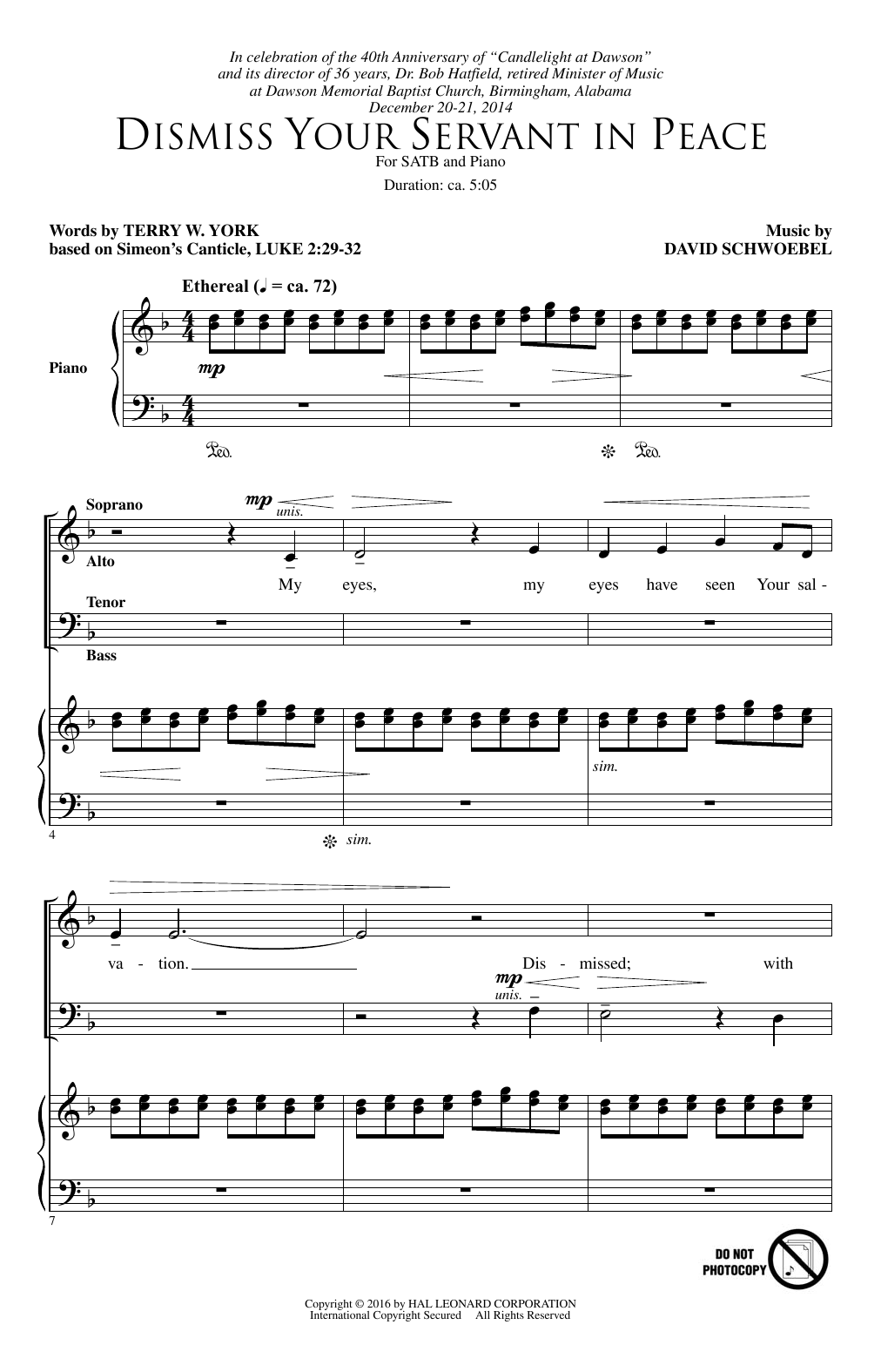 David Schwoebel Dismiss Your Servant In Peace sheet music notes and chords arranged for SATB Choir