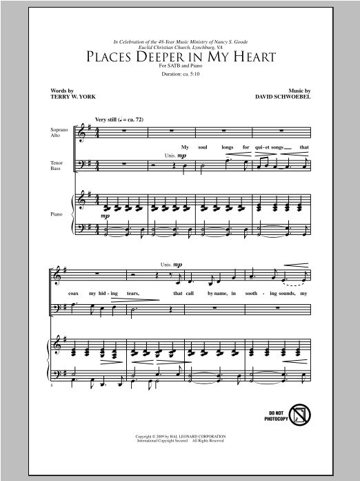 David Schwoebel Places Deeper In My Heart sheet music notes and chords arranged for SATB Choir