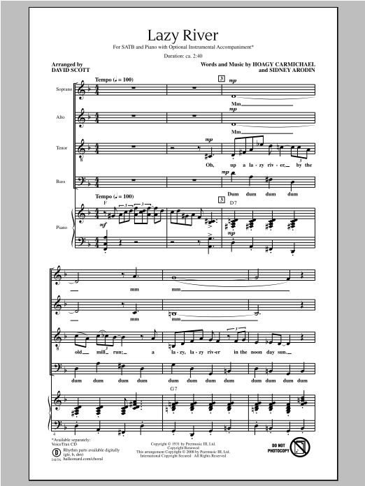 David Scott Lazy River sheet music notes and chords arranged for SATB Choir