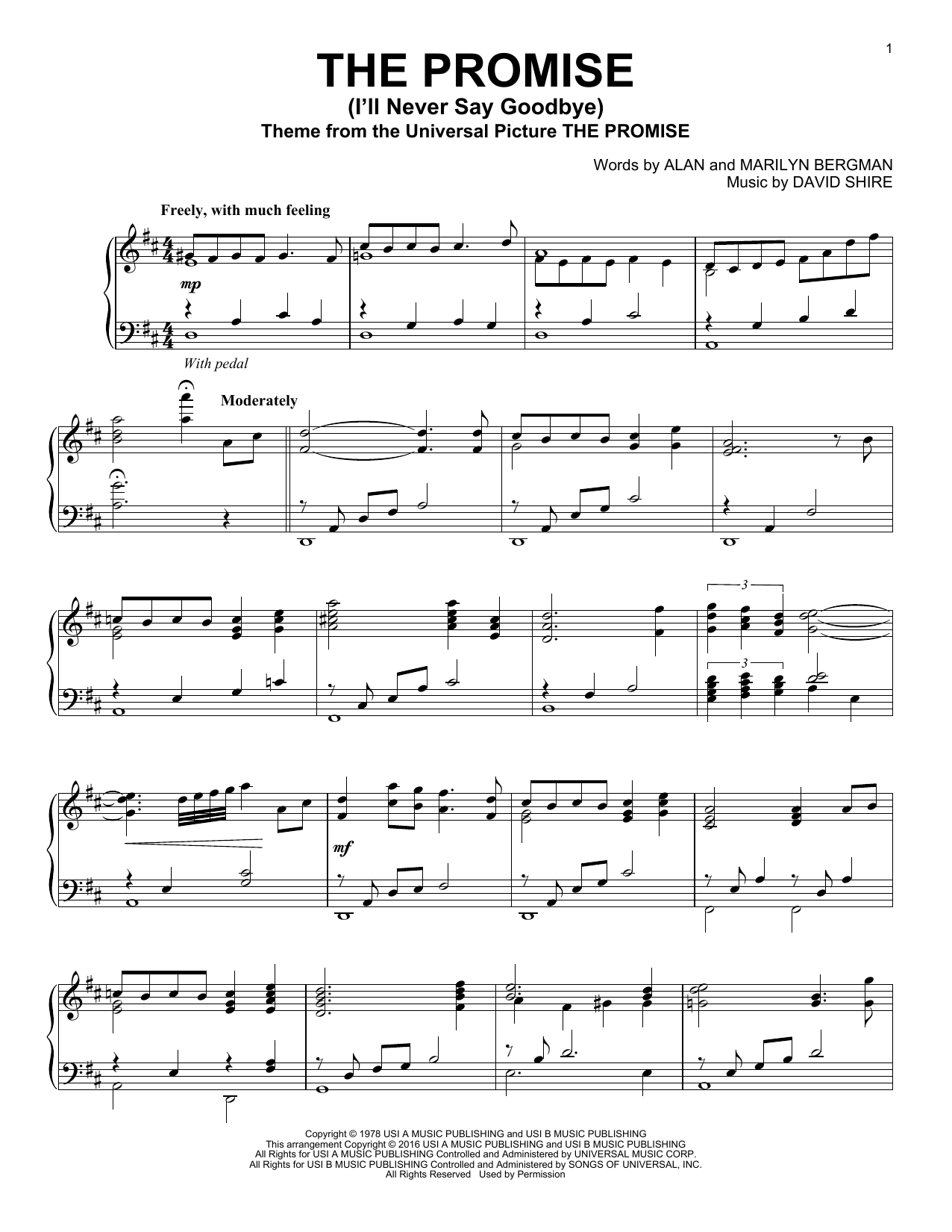 David Shire The Promise (I'll Never Say Goodbye) sheet music notes and chords arranged for Easy Piano