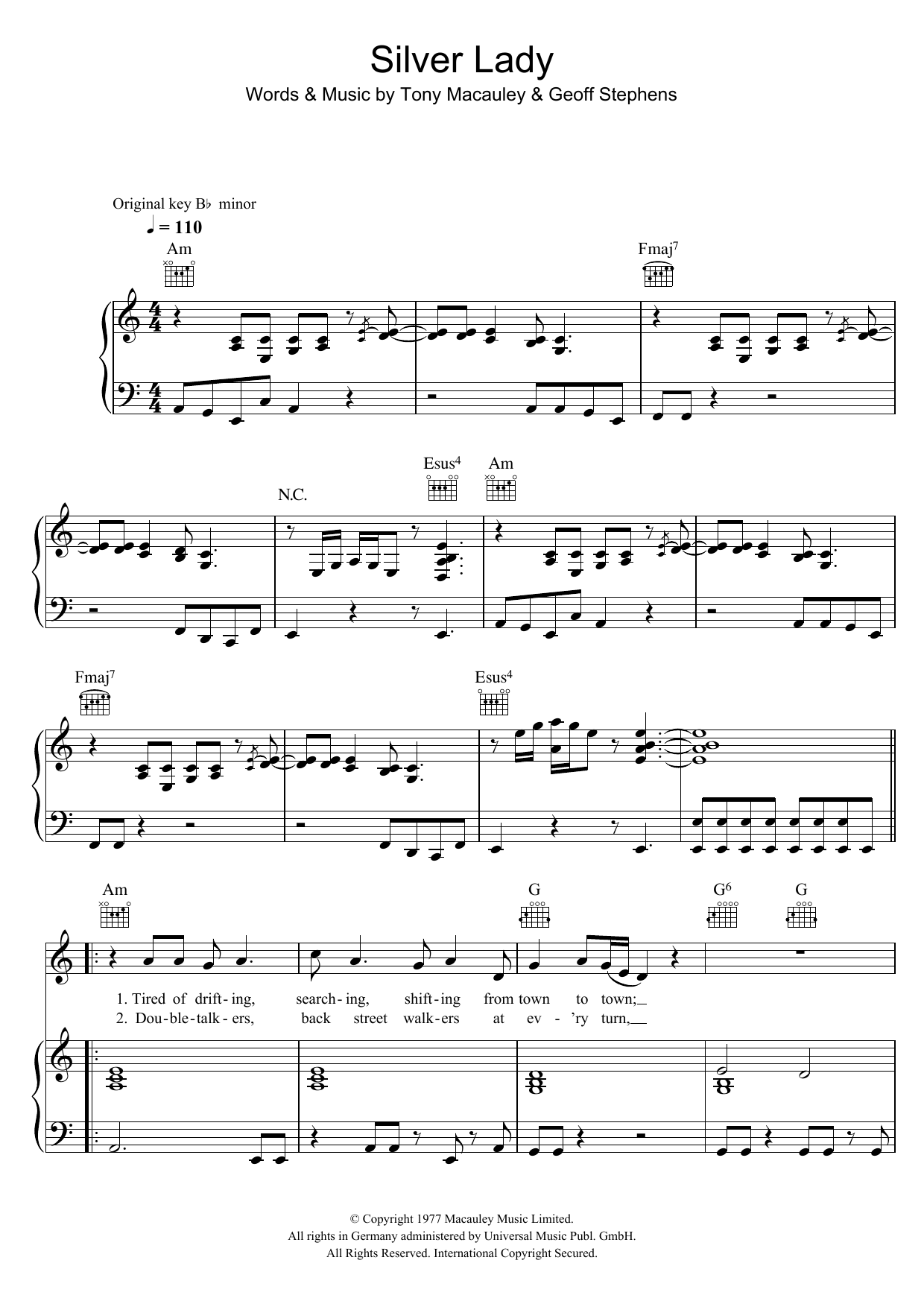 David Soul Silver Lady sheet music notes and chords arranged for Piano, Vocal & Guitar Chords
