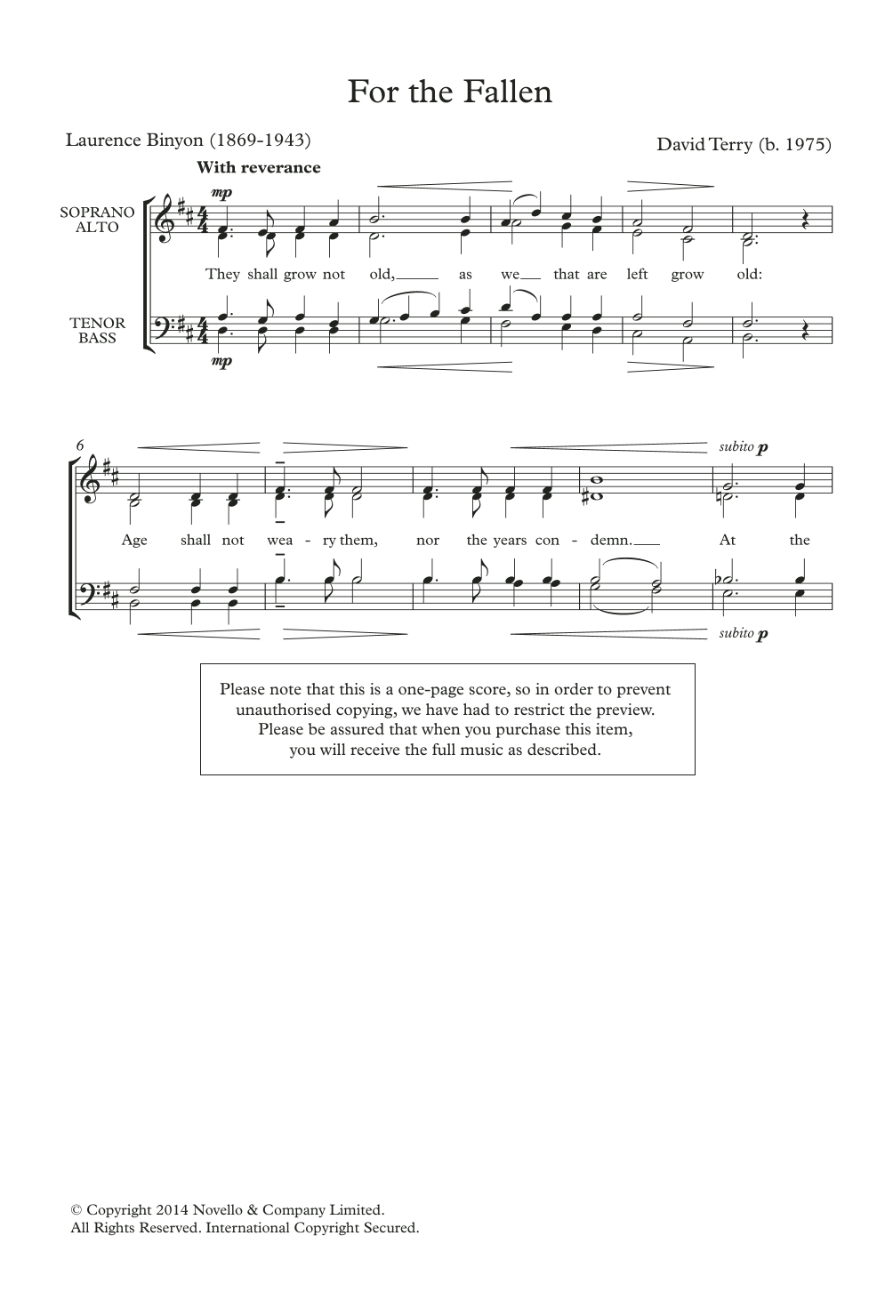David Terry For The Fallen sheet music notes and chords arranged for SATB Choir