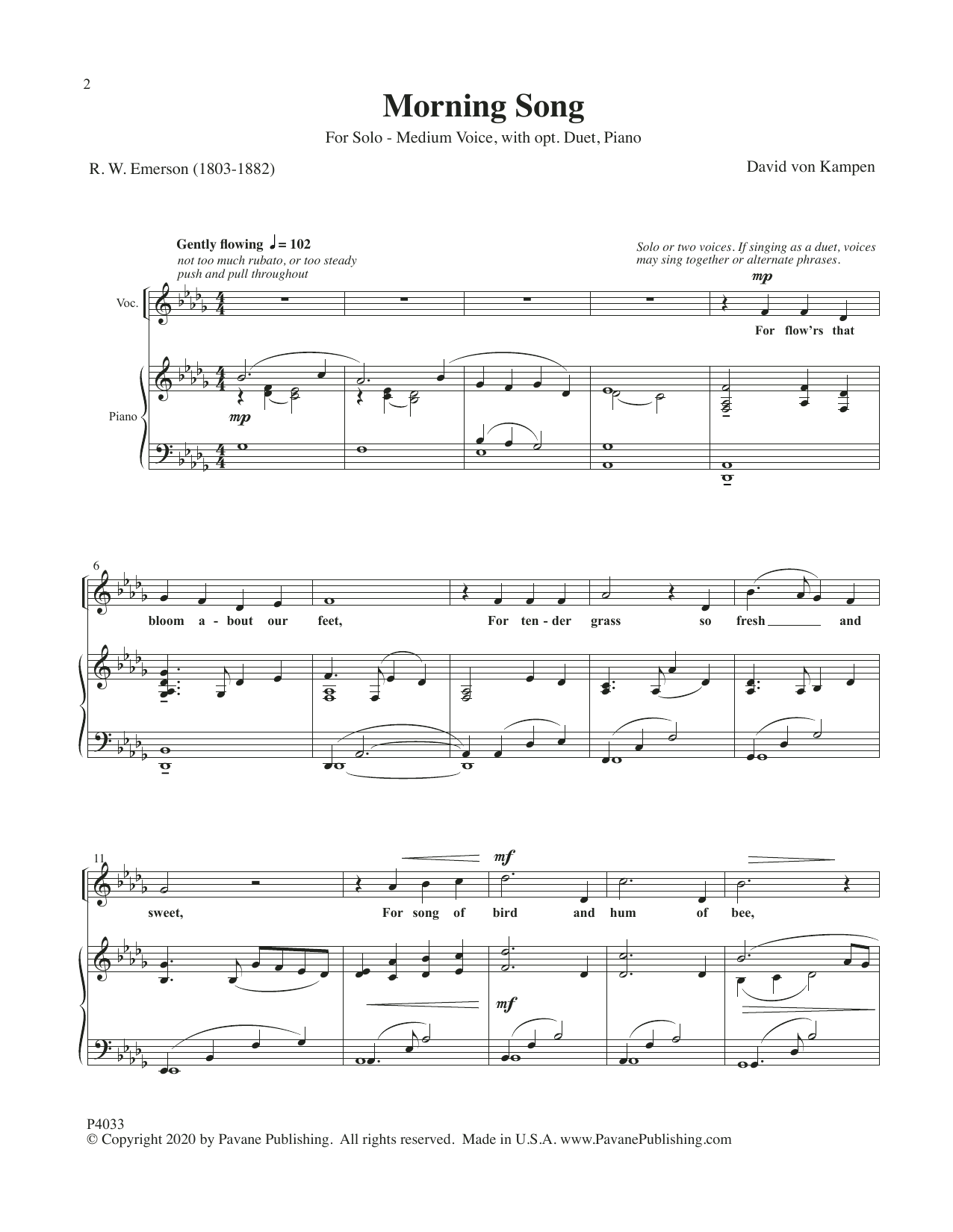 David Von Kampen Morning Song sheet music notes and chords arranged for Piano & Vocal