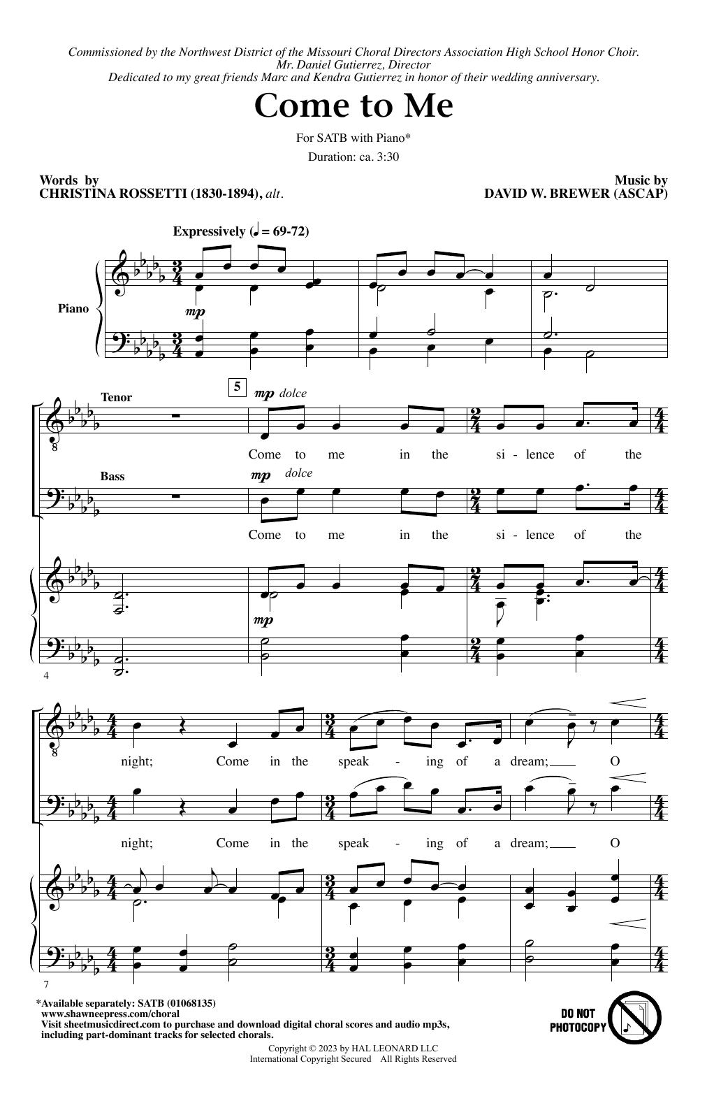 David W. Brewer Come To Me sheet music notes and chords arranged for SATB Choir