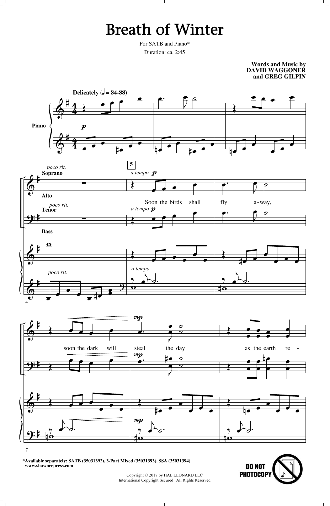 David Waggoner & Greg Gilpin Breath Of Winter sheet music notes and chords arranged for SSA Choir