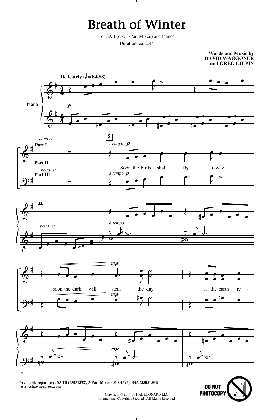 David Waggoner and Greg Gilpin Breath Of Winter sheet music notes and chords arranged for 3-Part Mixed Choir