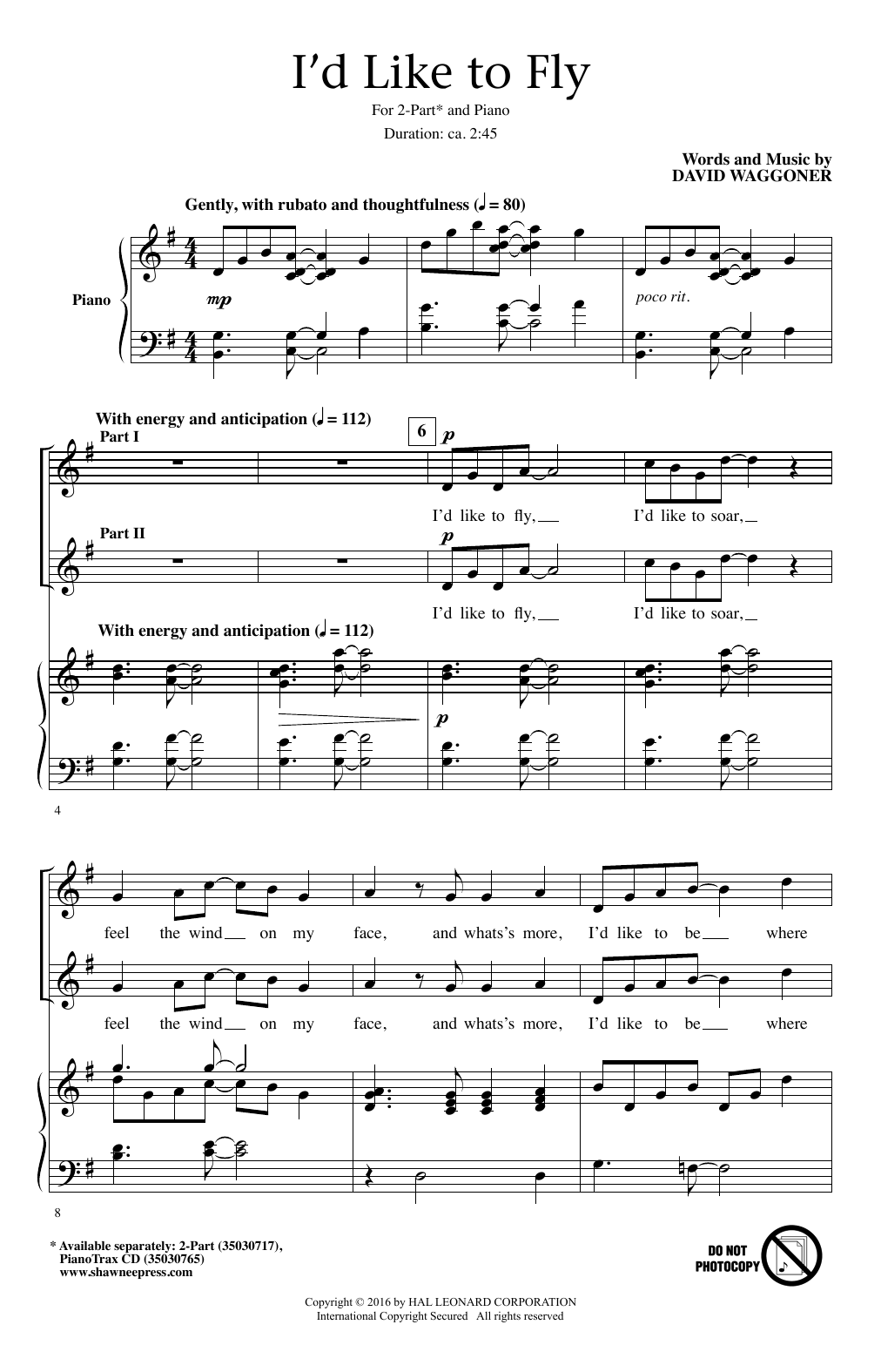 David Waggoner I'd Like To Fly sheet music notes and chords arranged for 2-Part Choir