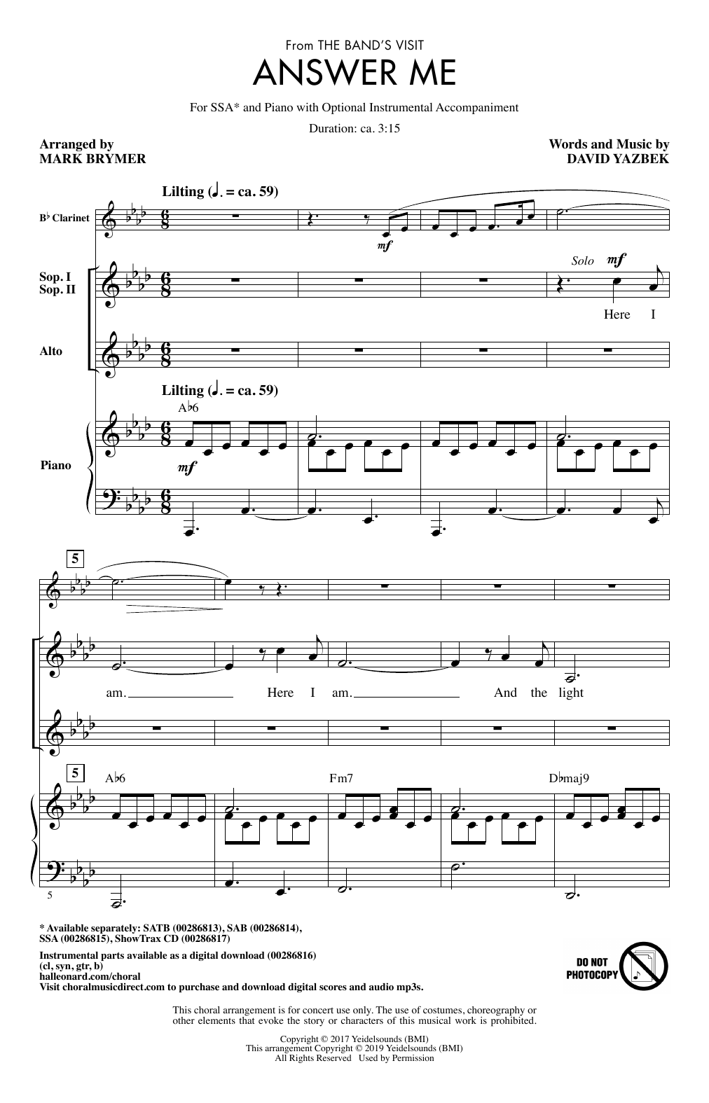 David Yazbek Answer Me (from The Band's Visit) (arr. Mark Brymer) sheet music notes and chords arranged for SAB Choir