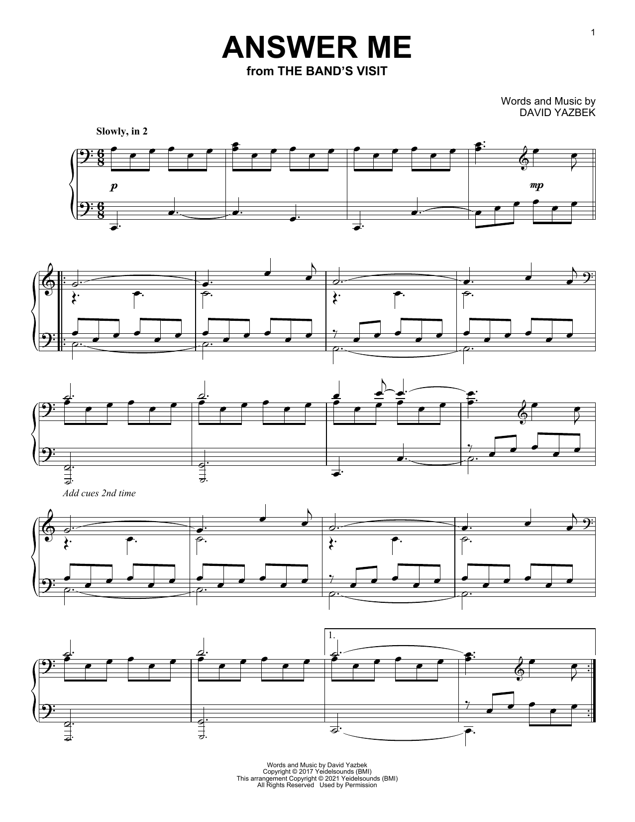 David Yazbek Answer Me (from The Band's Visit) sheet music notes and chords arranged for Piano Solo
