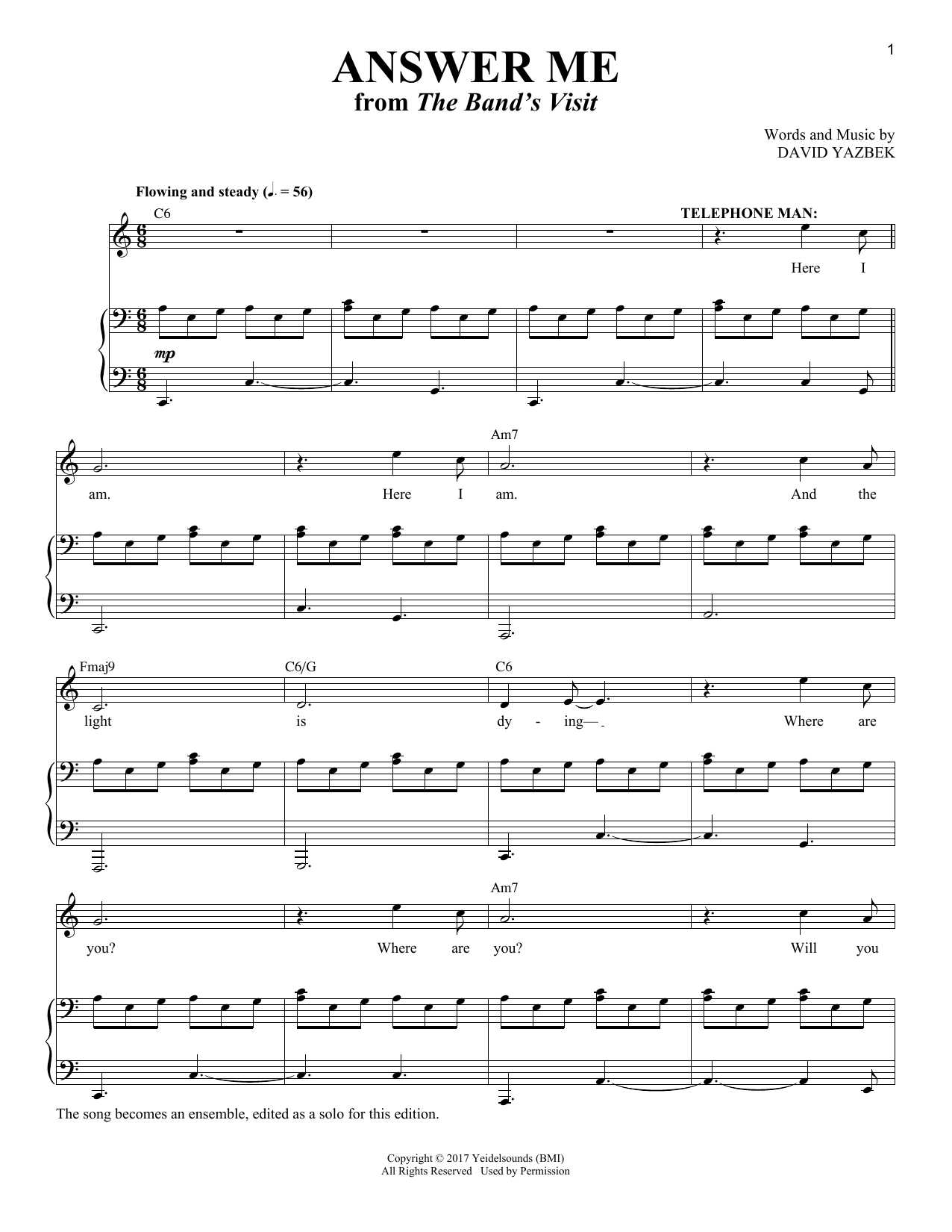 David Yazbek Answer Me [Solo version] (from The Band's Visit) sheet music notes and chords arranged for Piano & Vocal