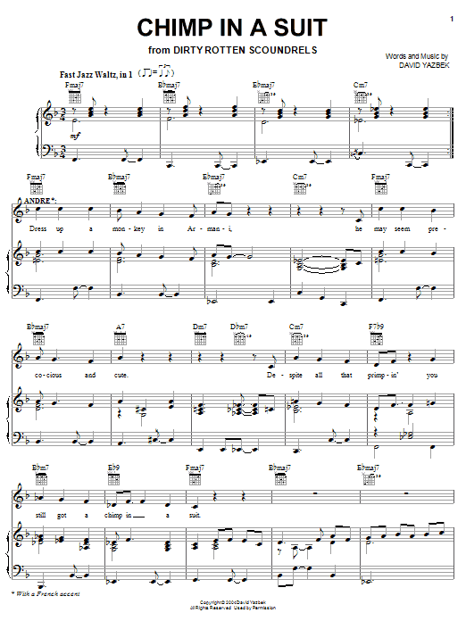 David Yazbek Chimp In A Suit sheet music notes and chords arranged for Piano, Vocal & Guitar Chords (Right-Hand Melody)