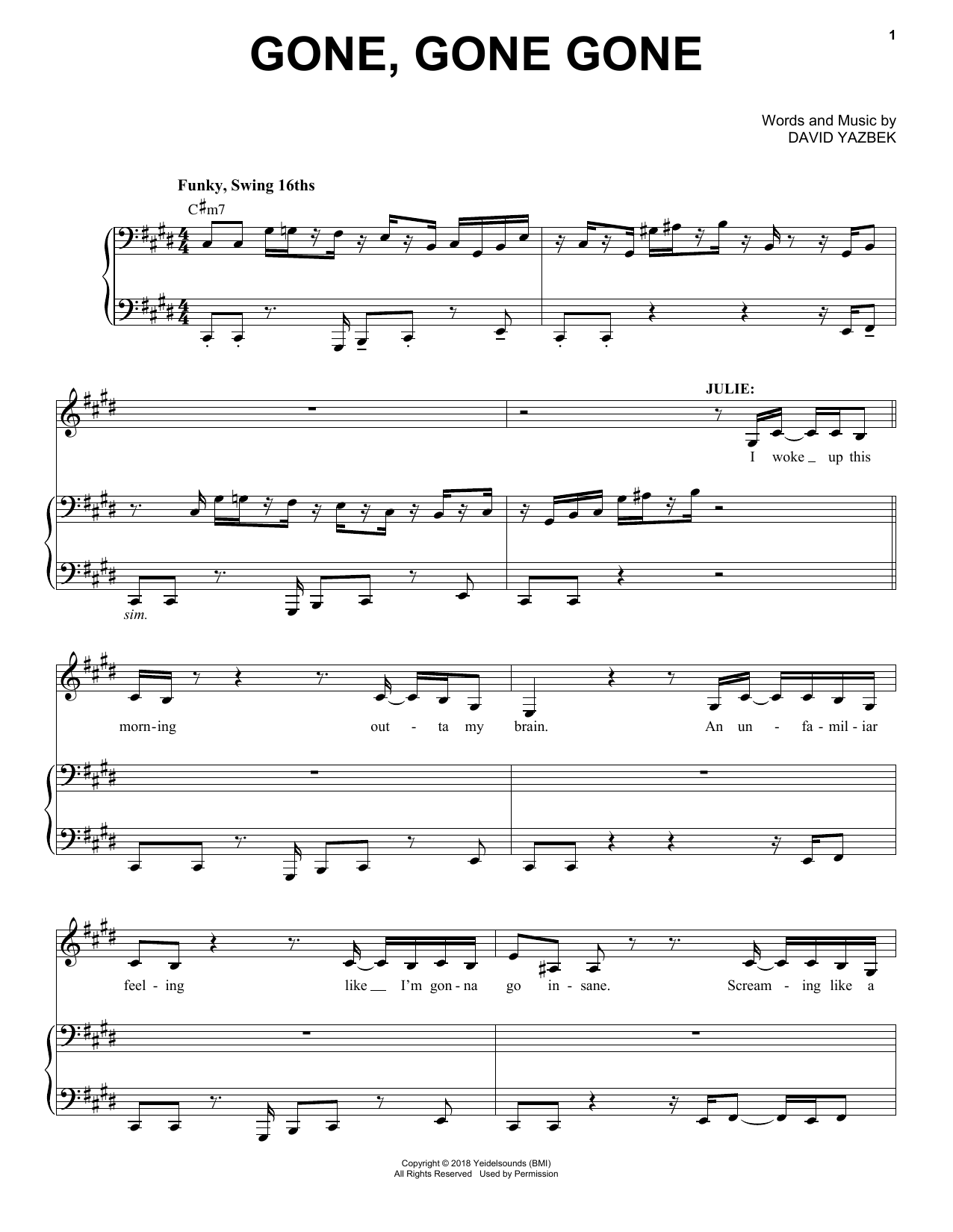 David Yazbek Gone, Gone, Gone (from the musical Tootsie) sheet music notes and chords arranged for Piano & Vocal