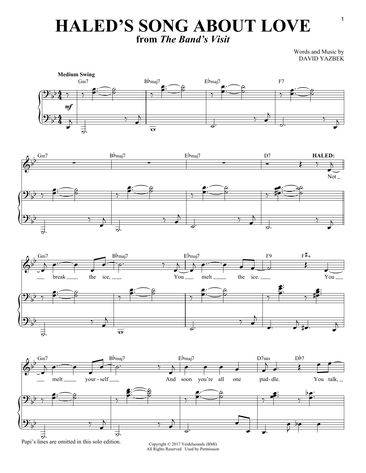 David Yazbek Haled's Song About Love [Solo version] (from The Band's Visit) sheet music notes and chords arranged for Piano & Vocal