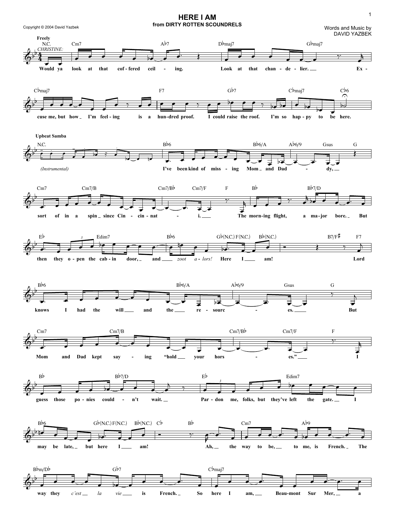 David Yazbek Here I Am sheet music notes and chords arranged for Lead Sheet / Fake Book