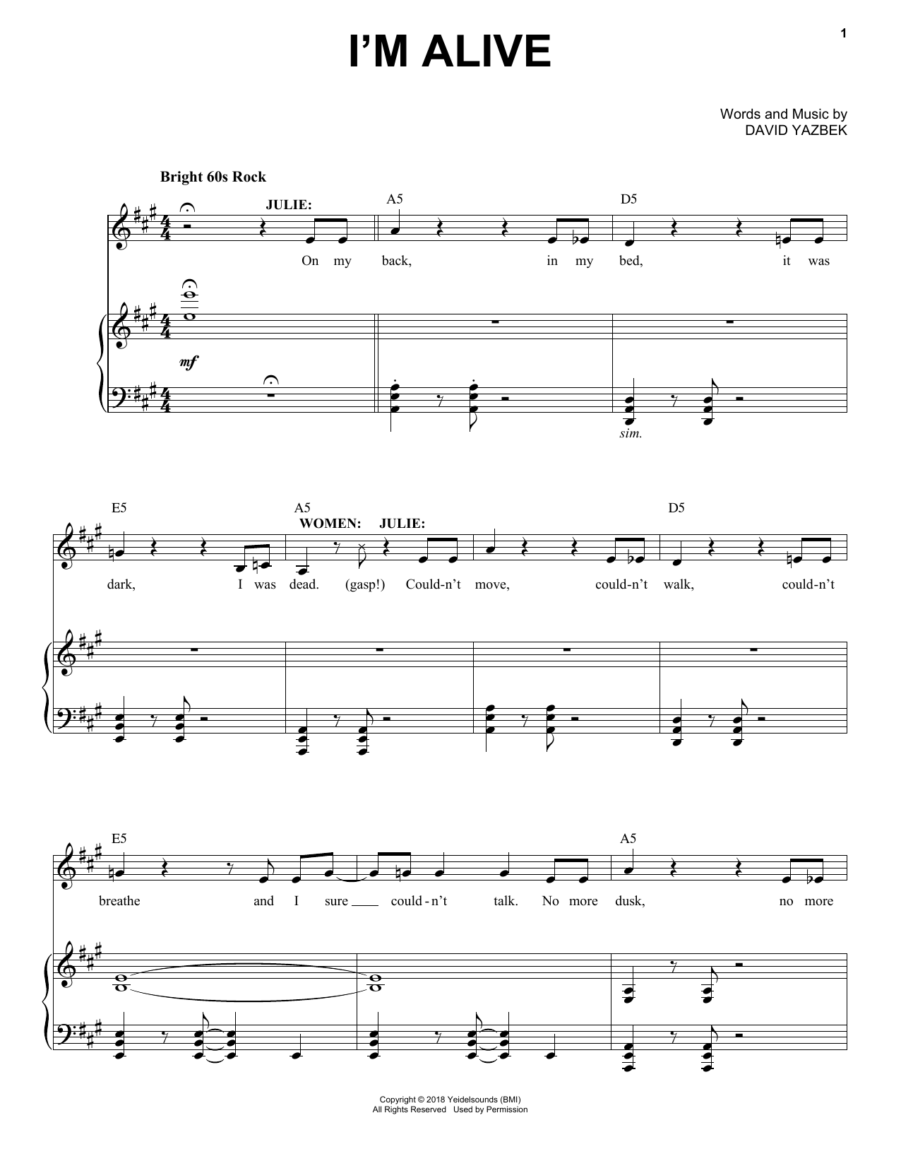 David Yazbek I'm Alive (from the musical Tootsie) sheet music notes and chords arranged for Piano & Vocal