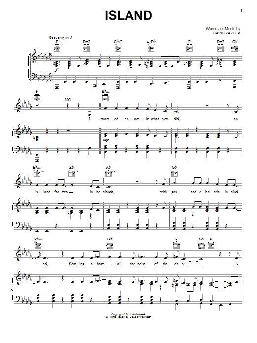 David Yazbek Island (from Women On The Verge Of A Nervous Breakdown) sheet music notes and chords arranged for Piano, Vocal & Guitar Chords (Right-Hand Melody)