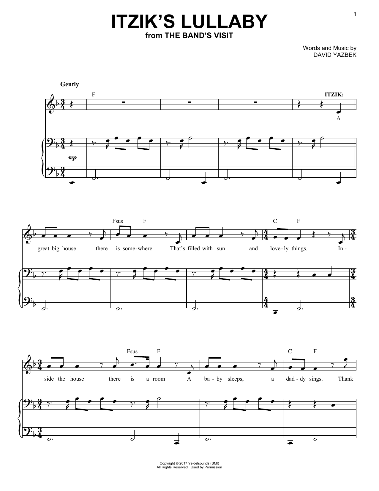 David Yazbek Itzik's Lullaby sheet music notes and chords arranged for Piano & Vocal
