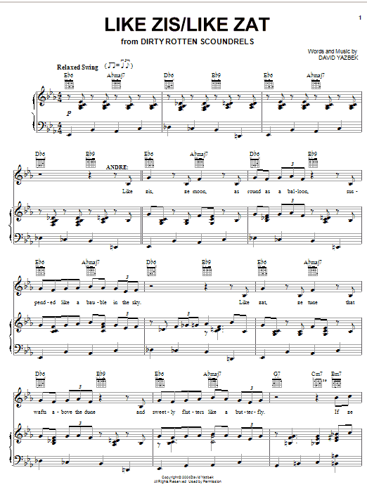 David Yazbek Like Zis/Like Zat sheet music notes and chords arranged for Piano, Vocal & Guitar Chords (Right-Hand Melody)