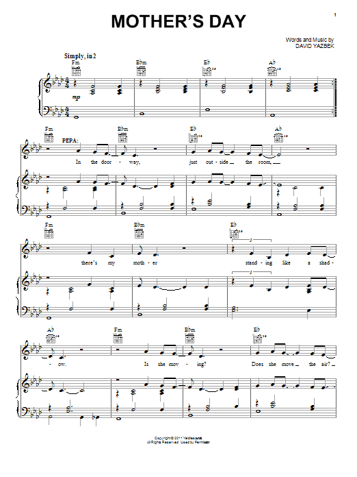 David Yazbek Mother's Day (from Women On The Verge Of A Nervous Breakdown) sheet music notes and chords arranged for Piano, Vocal & Guitar Chords (Right-Hand Melody)
