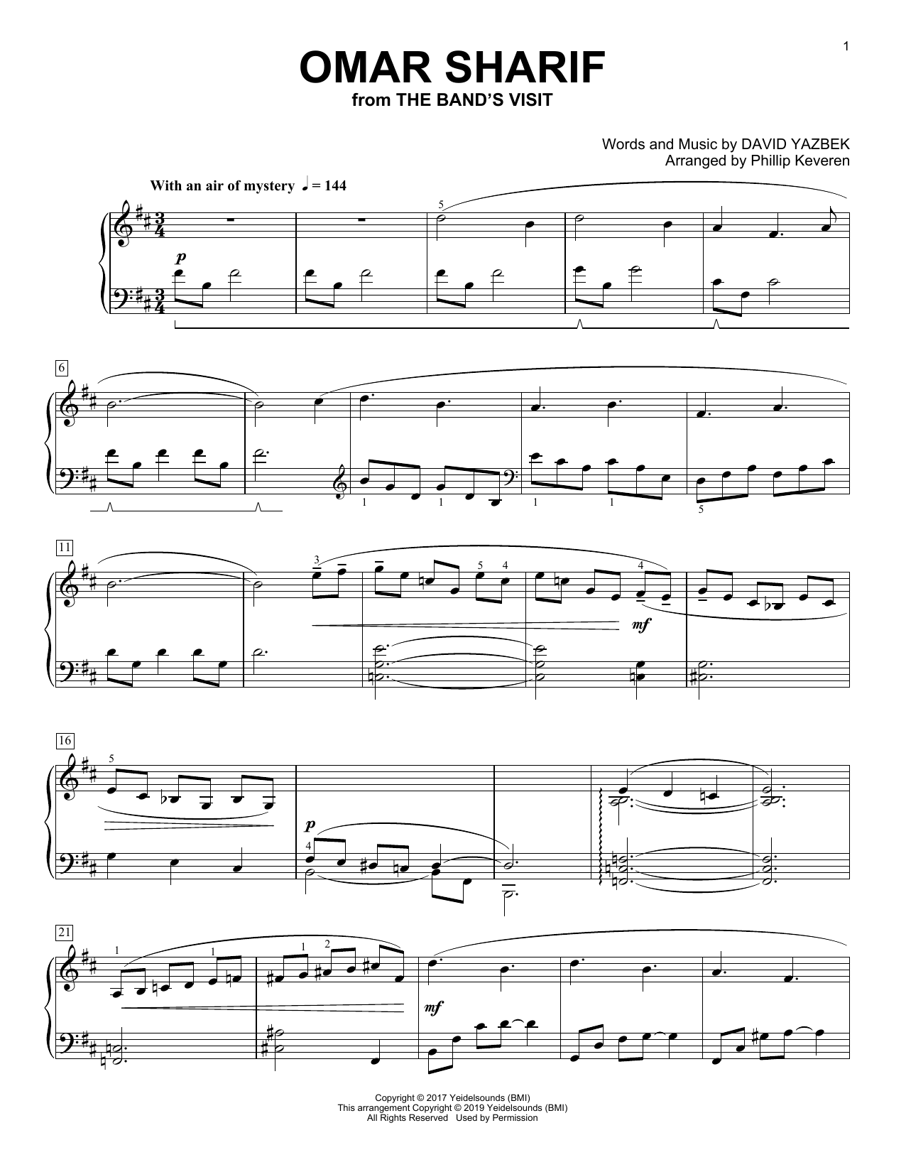 David Yazbek Omar Sharif [Classical version] (from The Band's Visit) (arr. Phillip Keveren) sheet music notes and chords arranged for Piano Solo