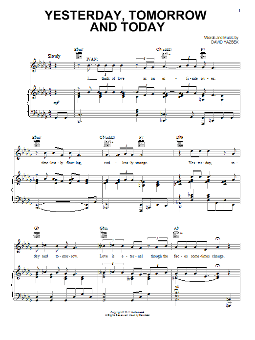 David Yazbek Yesterday, Tomorrow And Today (from Women On The Verge Of A Nervous Breakdown) sheet music notes and chords arranged for Piano, Vocal & Guitar Chords (Right-Hand Melody)