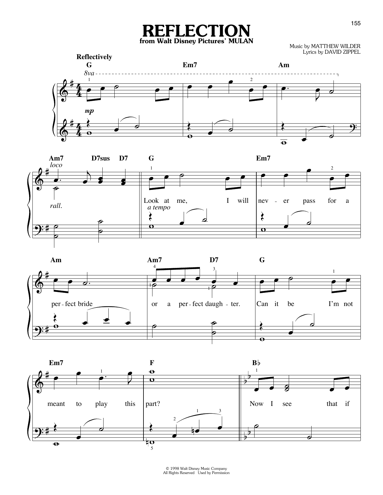 David Zippel & Matthew Wilder Reflection (from Mulan) sheet music notes and chords arranged for Easy Piano