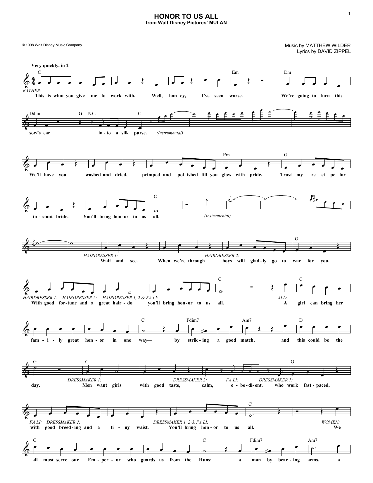 David Zippel Honor To Us All (from Mulan) sheet music notes and chords arranged for Piano Solo