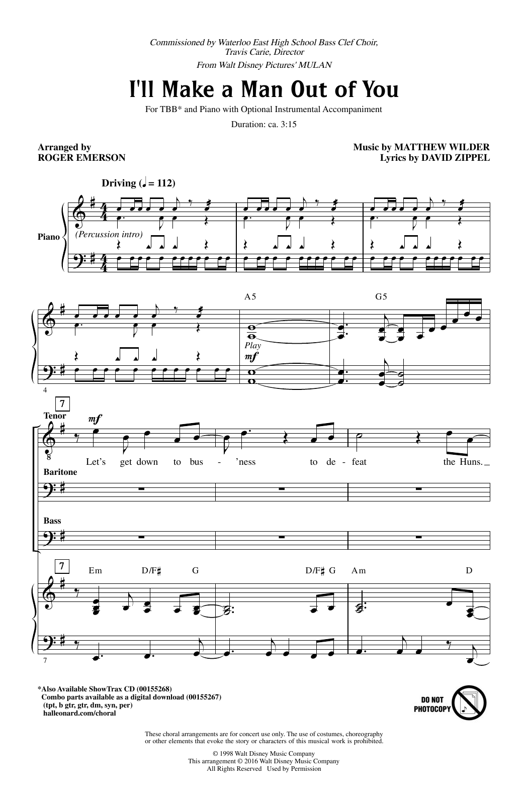 David Zippel I'll Make A Man Out Of You (from Mulan) (arr. Roger Emerson) sheet music notes and chords arranged for TBB Choir
