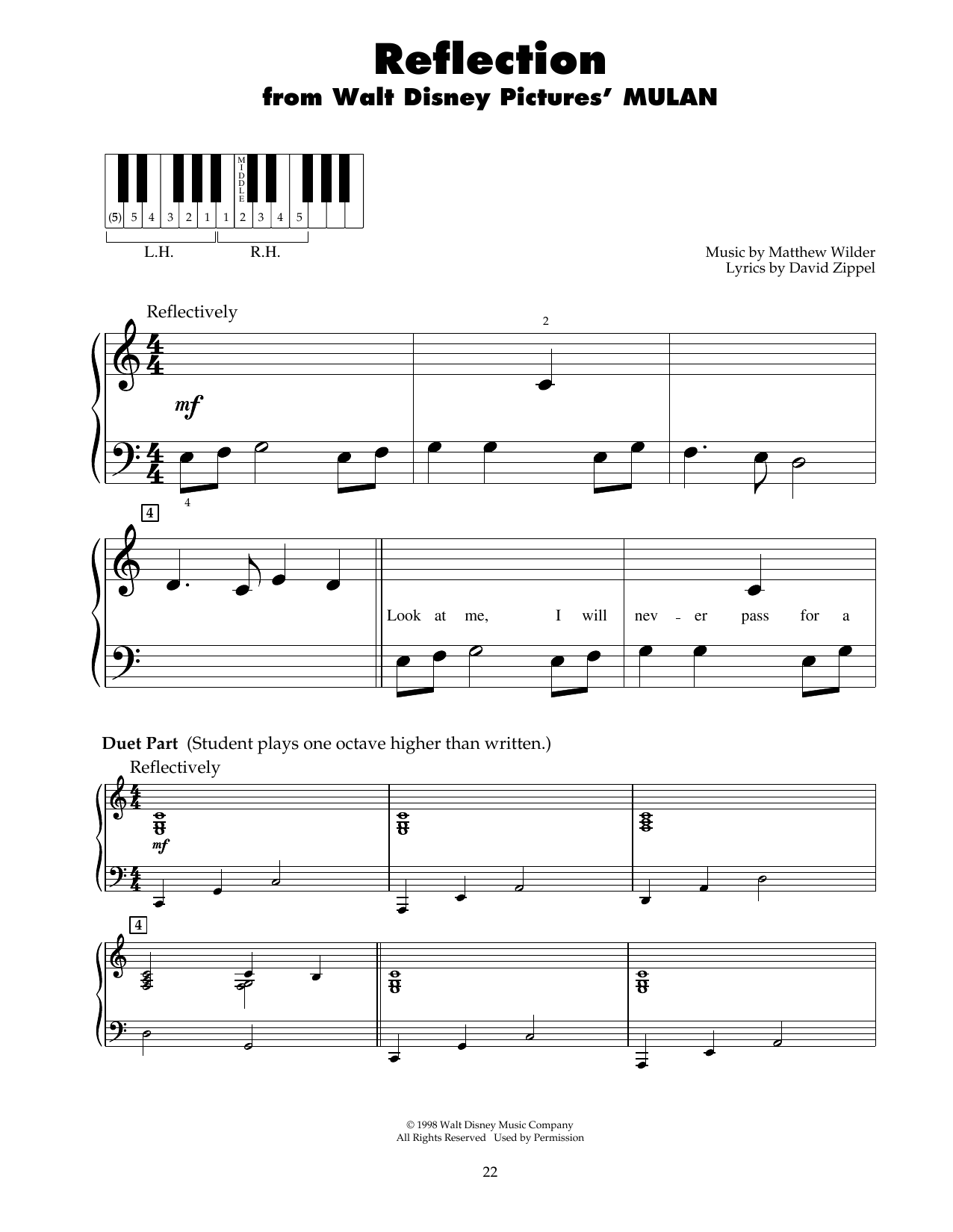 David Zippel Reflection (from Mulan) sheet music notes and chords arranged for 5-Finger Piano