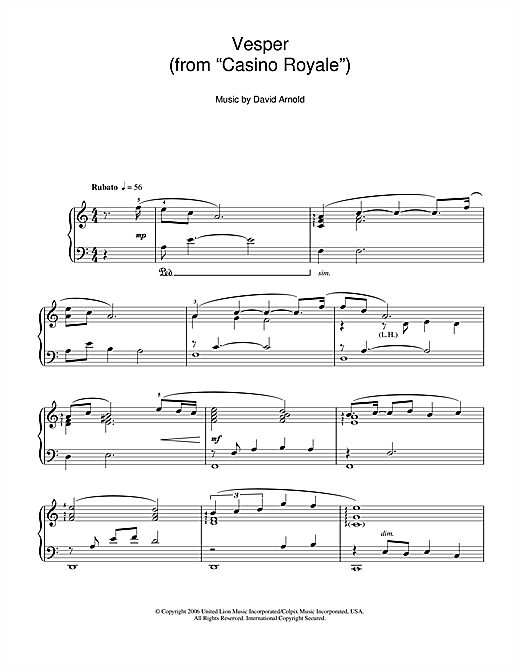 David Arnold Vesper (from 'Casino Royale') sheet music notes and chords arranged for Easy Piano