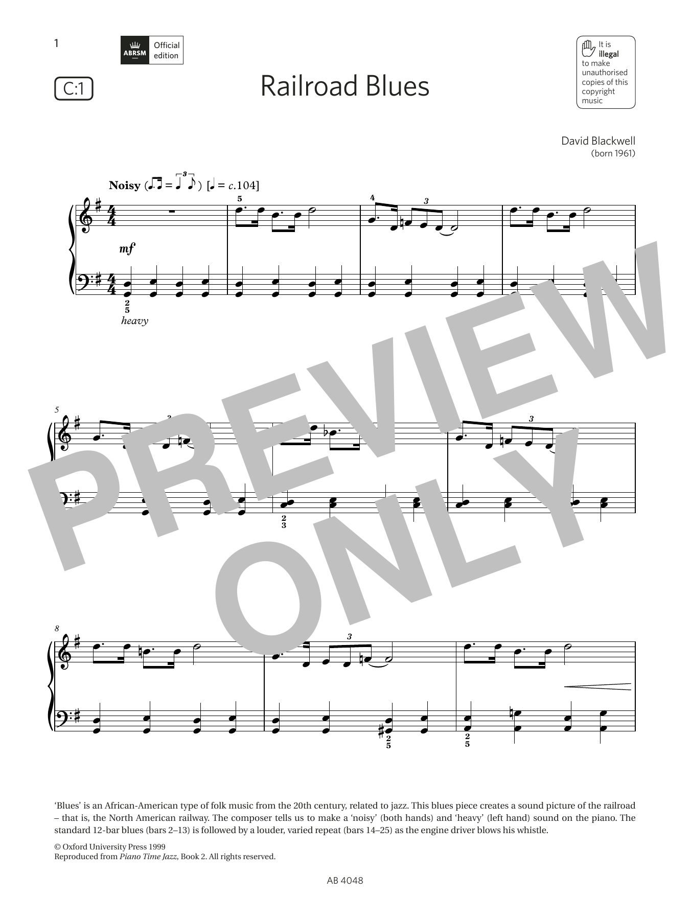 David Blackwell Railroad Blues (Grade 2, list C1, from the ABRSM Piano Syllabus 2023 & 2024) sheet music notes and chords. Download Printable PDF.