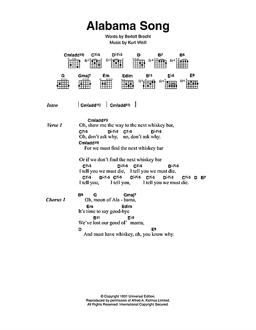 David Bowie Alabama Song sheet music notes and chords arranged for Guitar Chords/Lyrics