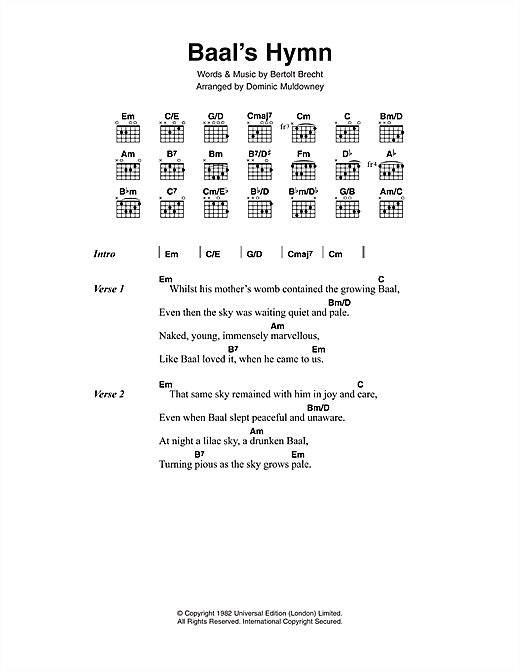 David Bowie Baal's Hymn sheet music notes and chords arranged for Guitar Chords/Lyrics