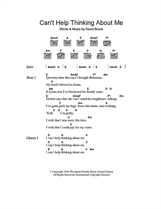 David Bowie Can't Help Thinking About Me sheet music notes and chords arranged for Guitar Chords/Lyrics